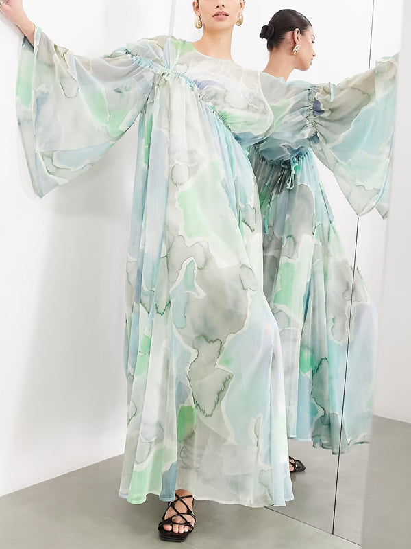 Watercolor Print and Ruffles Women's Dress