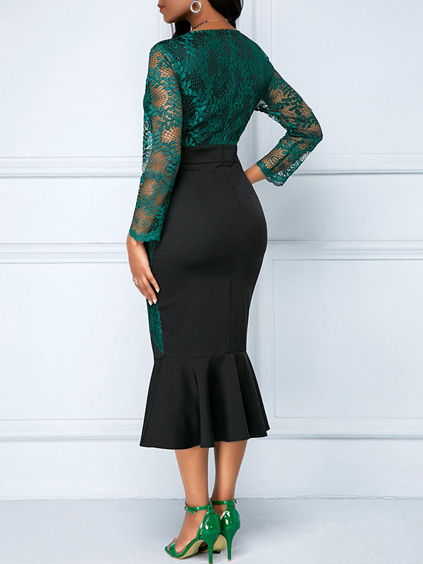 Round Neck High Waist Lace Stitching Package Hip Fishtail Dress