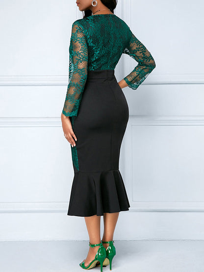 Round Neck High Waist Lace Stitching Package Hip Fishtail Dress