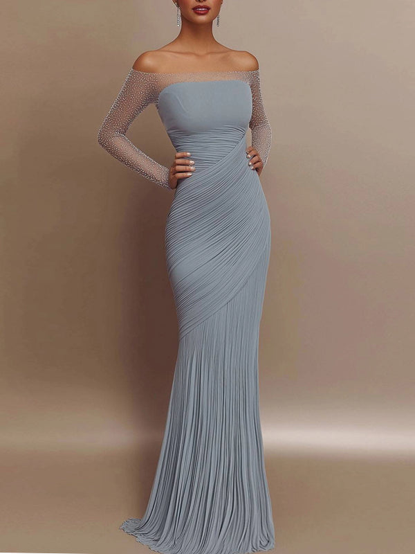 Evening Prom Gown Off Shoulder Glitter Pleated Light Blue Maxi Dress