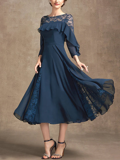 Round Neck Solid Color Lace Midi Dress