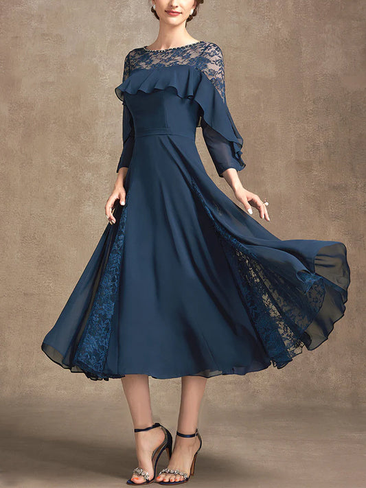 Round Neck Solid Color Lace Midi Dress