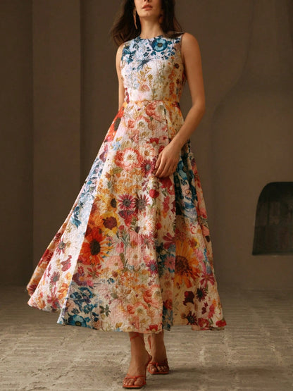 Floral Waist Fit A-Line Elegant Women's Holiday Dress