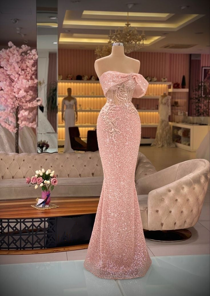 Pink Glitter Exquisite Beading Elegant Long Sequin Mermaid Slim Fit Ball Gown Evening Gown Party Dressgh3254