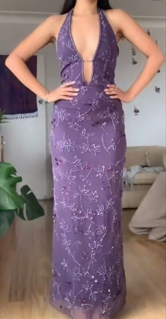 Purple Elegant Fashion V-neck Exquisite Floral Beading Spaghetti Straps Long Chiffon Tulle Ball Gown Evening Gown Party Dress Prom Dress gh3787