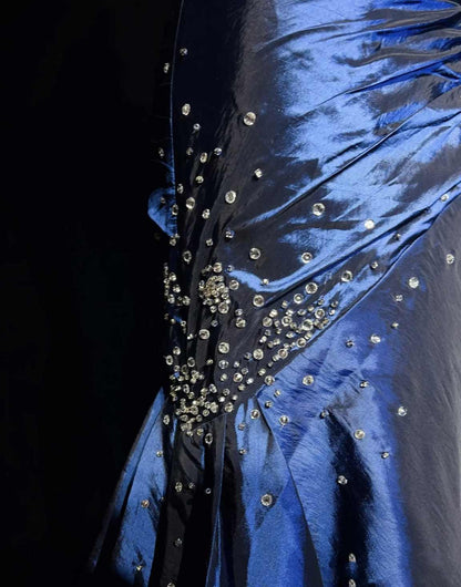 Navy Blue Vintage Fashion Exquisite Beading Long Satin Floor Length Ball Gown Evening Dress gh3636