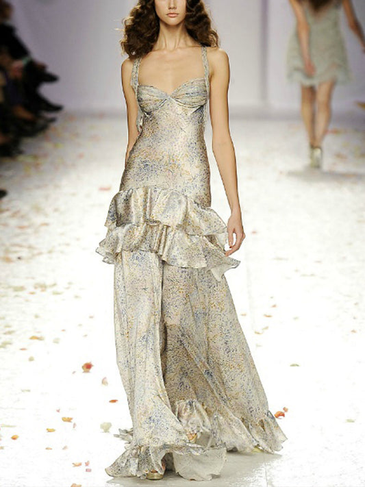 Sleeveless Printed Suspenders Maxi Dress