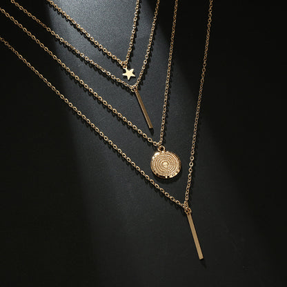 Copper Bead Chain Sequin Metal Leaf Multilayer Necklace