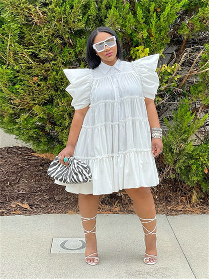 loveedsTM- Dresses for Women Solid Loose Pleated Puff Sleeve Casual Ball Gown Shirts Midi Dress S-2xl