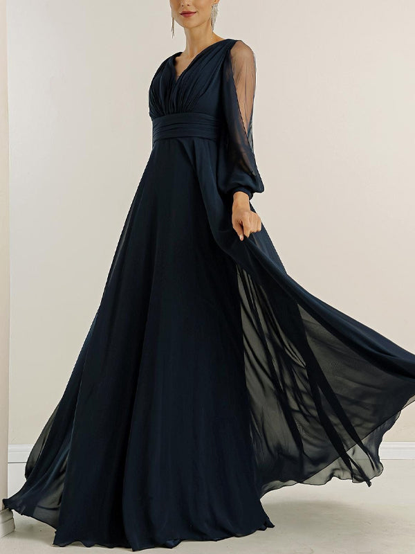 V-neck Chiffon Long Sleeve Solid Color Maxi Dress