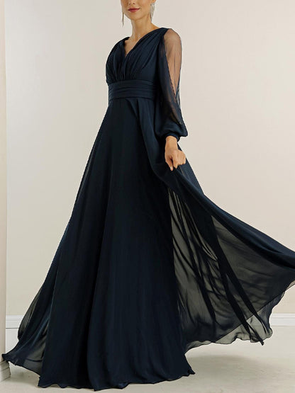 V-neck Chiffon Long Sleeve Solid Color Maxi Dress