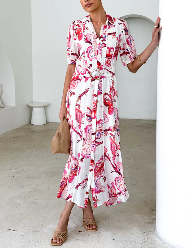 Chiffon Printed Temperament Lace-up Women's Dress