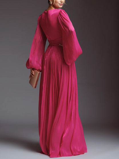 V-neck Long Sleeve Solid Color Maxi Dress