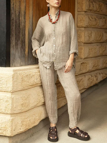 Vintage Pleated Simple Cotton and Linen Women's Sets