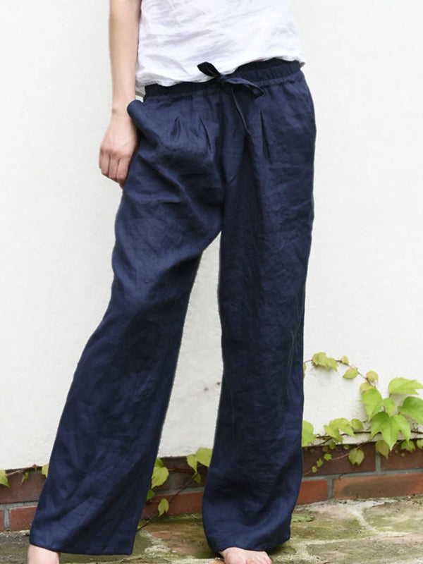 Solid Color Cotton And Linen Lace-up Trousers