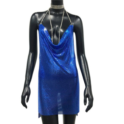 loveedsTM-Sexy Gold Sequined Patchwork Mini Dress Women Sleeveless Low Cut Metal Chains Halter Slim Charming Nightclub Party Dresses