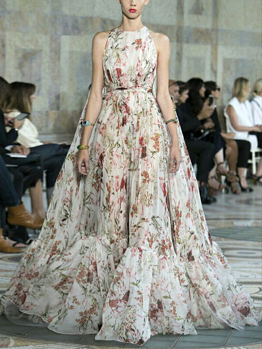 White Round Neck Sleeveless Print Maxi Dress