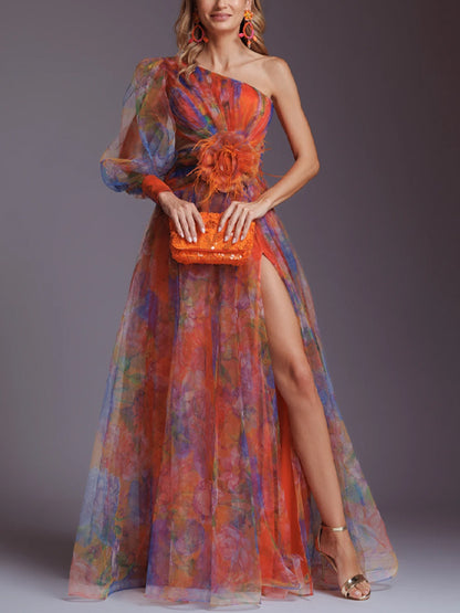 One Shoulder Print Maxi Dress