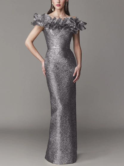 Off-the-shoulder Solid Color Three-dimensional Shape Maxi Dress