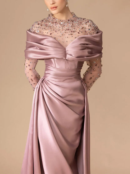 Round Neck Lace Long Sleeve Solid Color Maxi Dress