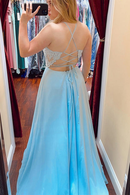Elegant Light Blue Lace V Neck A-Line Prom Dress with Slit