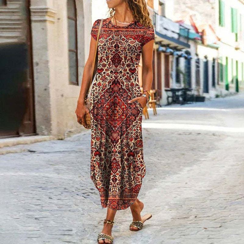 loveedsTM - Elegant Women Maxi Dress 2024 Summer O Neck Short Sleeve Sundress Office Lady Party Dress Female Print A-Line Long Dress Vestido