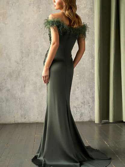 Off-the-shoulder Feather Decoration Women's Gown