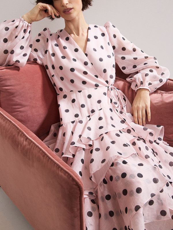 Tie-up Layered Chiffon Polka Dots Women's Dress