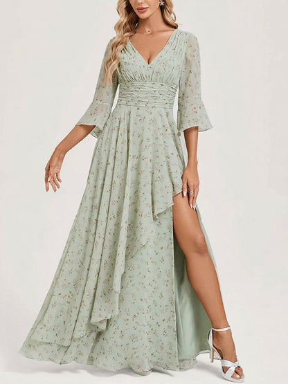 Chiffon Slit Floral Holiday Women's Dress