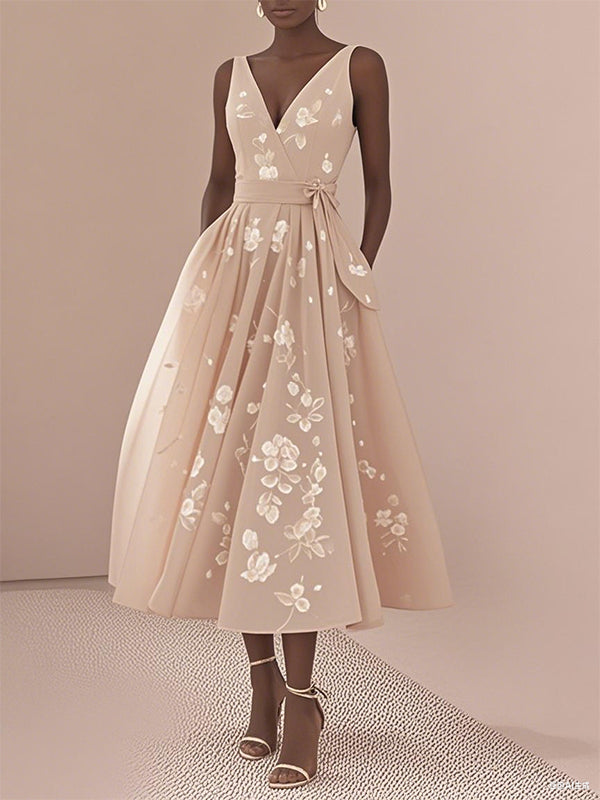 Pink V-neck Print Midi Dress