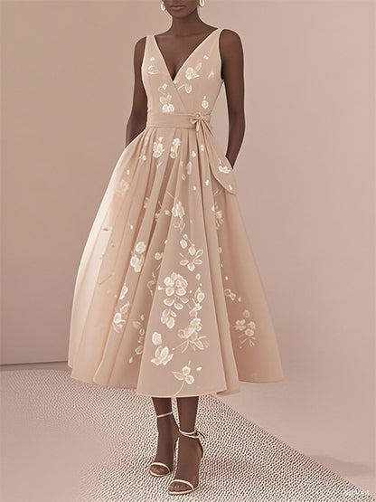 Pink V-neck Print Midi Dress