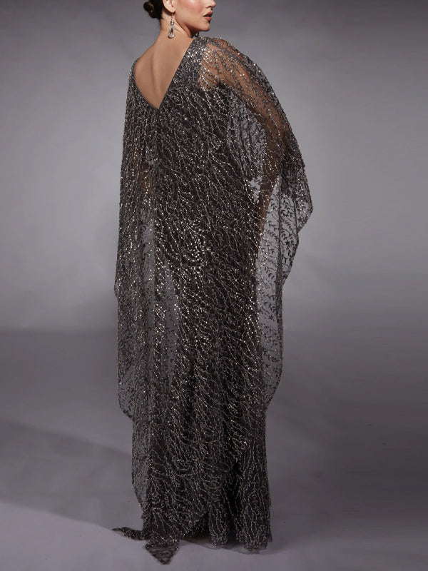 V-Neck Lace Sequins Maxi Dress