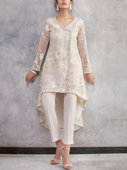 V-neck Lace Solid Color Trousers Suit