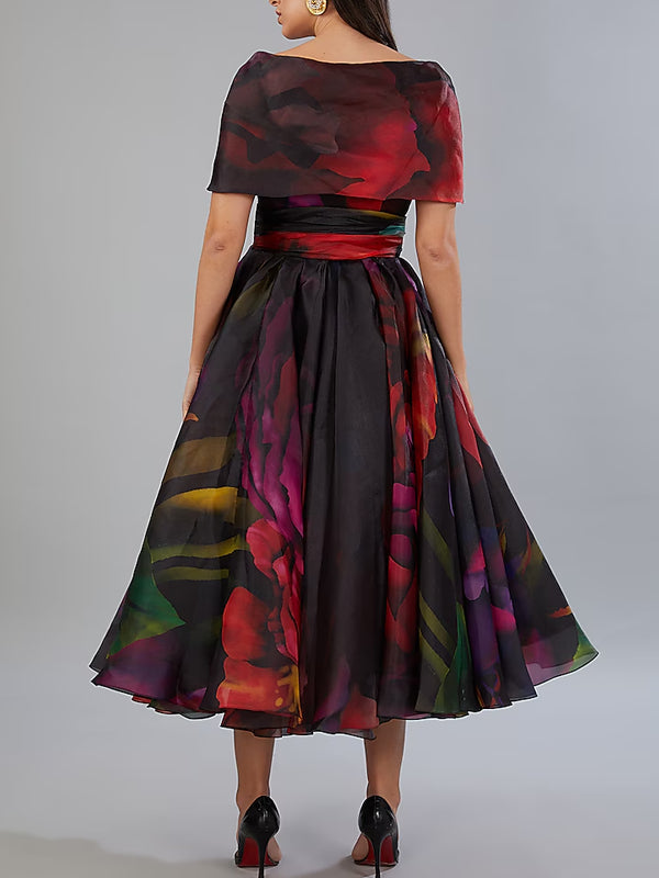 Black Organza Printed Midi Dress