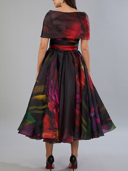 Black Organza Printed Midi Dress