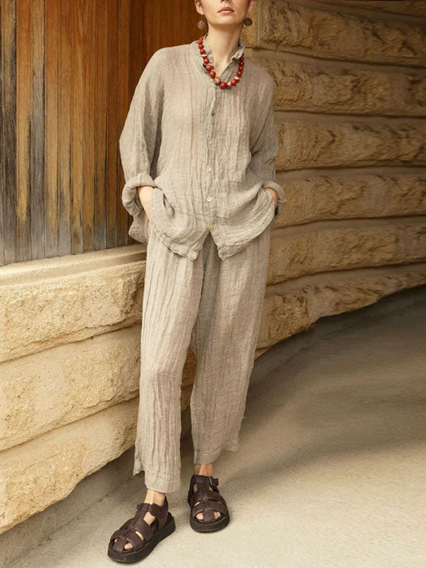 Vintage Pleated Simple Cotton and Linen Women's Sets
