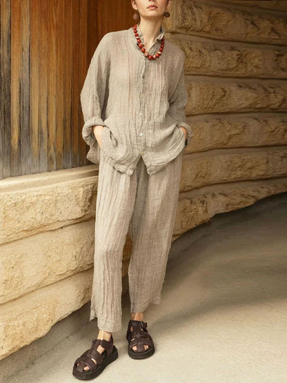 Vintage Pleated Simple Cotton and Linen Women's Sets