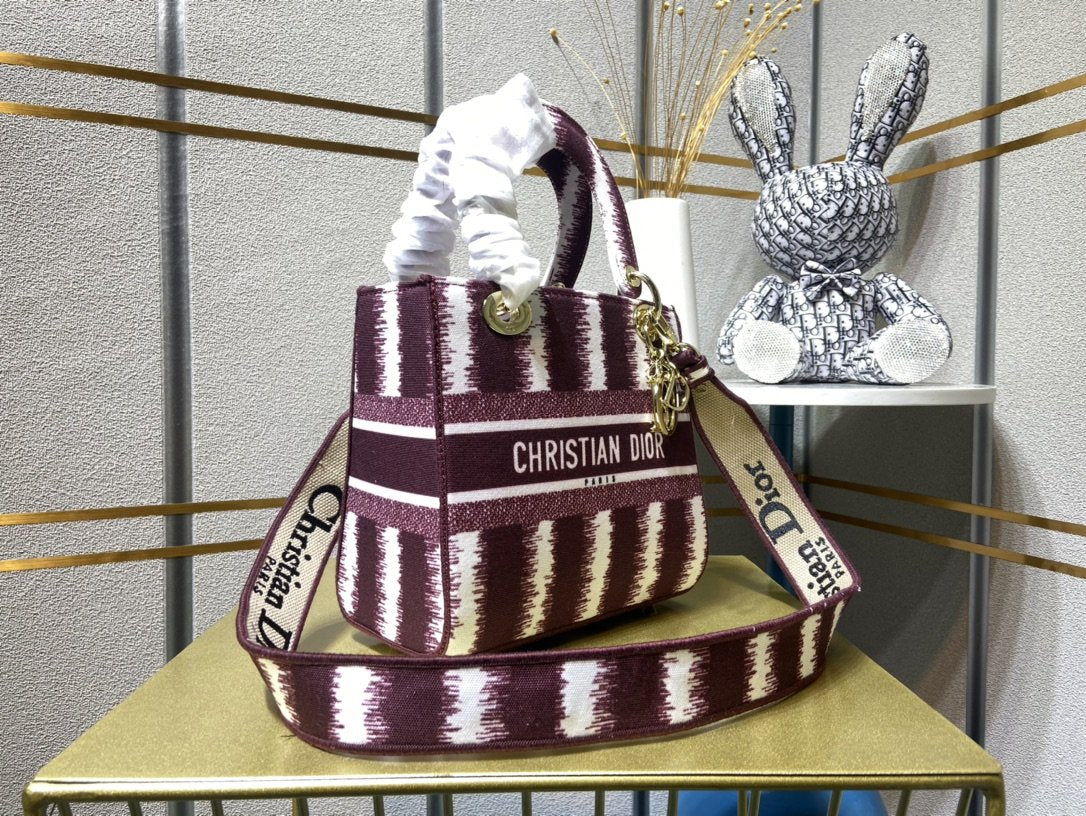 Dior Women Medium Lady D-lite Bag Blue D-Stripes Embroidery