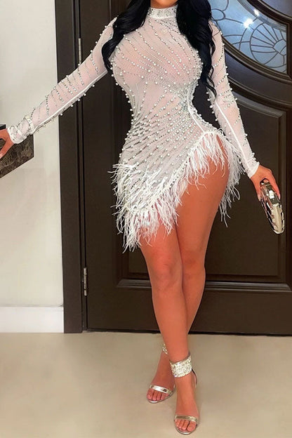 loveedsTM- Rhinestone & Beaded Decor Striking Tassel Irregular See-Through Mini Dress