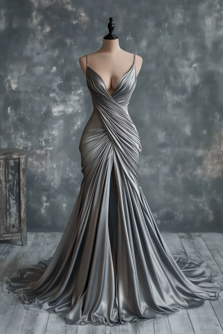 Silver Grey Fashion V Neck Elegant Stylish Long Satin Ball Gown gh4958