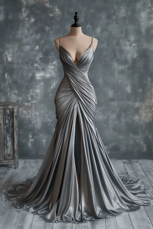 Silver Grey Fashion V Neck Elegant Stylish Long Satin Ball Gown gh4958