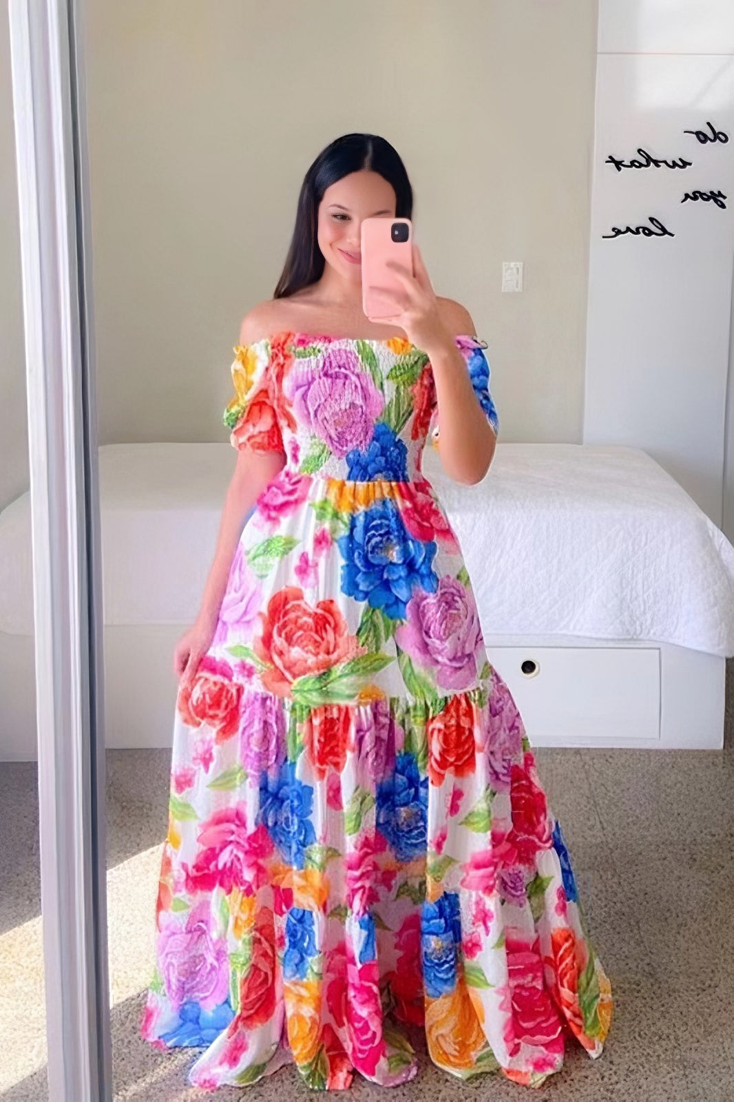 loveedsTM-One-shoulder floral off-shoulder long printed dress