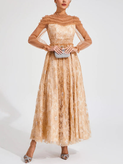 Mesh Lace Solid Color Long Sleeves Maxi Dress