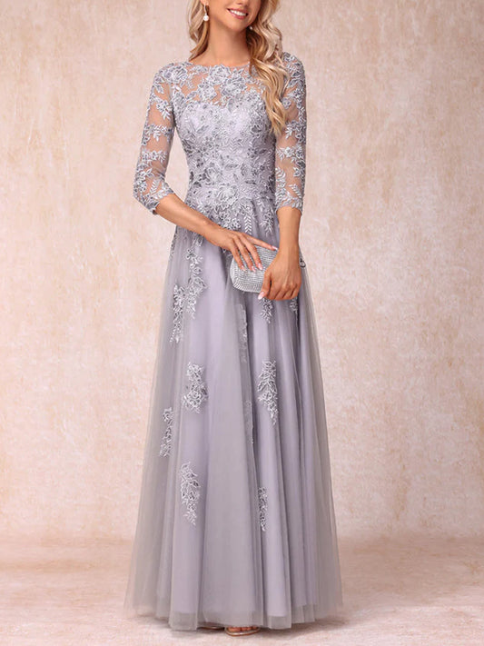 A-Line/Princess Sheer Neck Half Sleeves Long Formal Evening Dresses with Beading & Appliques
