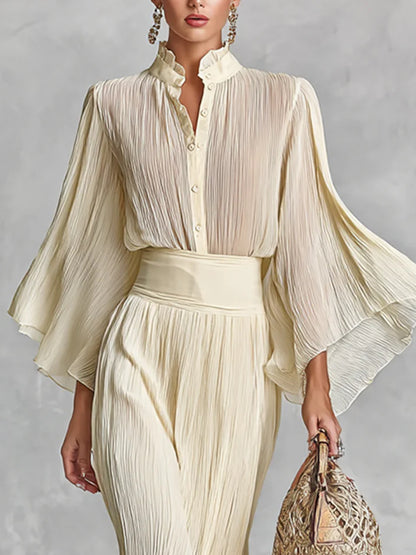 Chiffon Temperament Trumpet Sleeve Slit Skirt Women's Two-piece Set