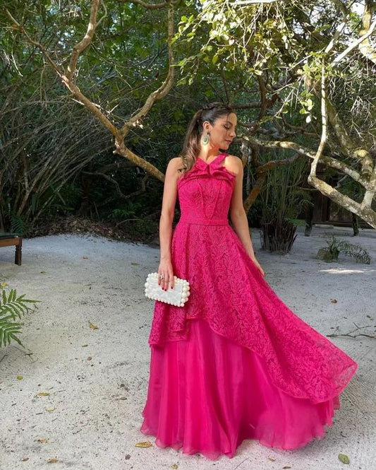 Pink Fashion Elegant Exquisite Lace Strap Long Tulle Ball Gown Evening Dress Wedding Guest Party Dress gh3362