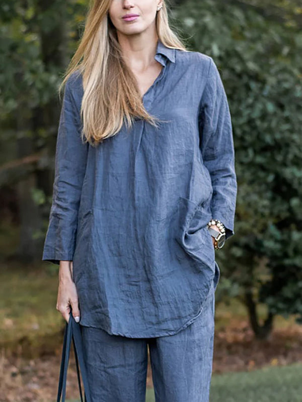 Lapel Solid Color Cotton And Linen Top And Trousers Suit