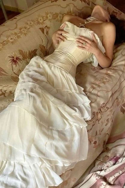 Unique Sheath Strapless Tiered Chiffon Satin Long Prom Dress Evening Dress SH2373