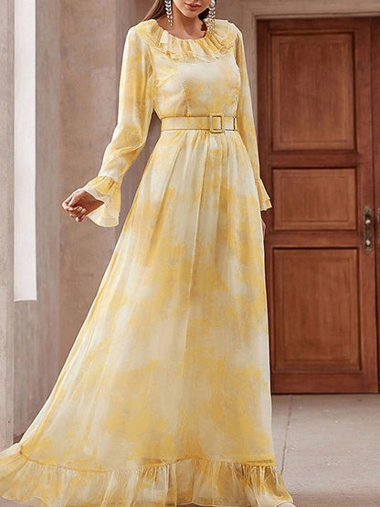 Elegant Mesh Print Belted Women's Dress