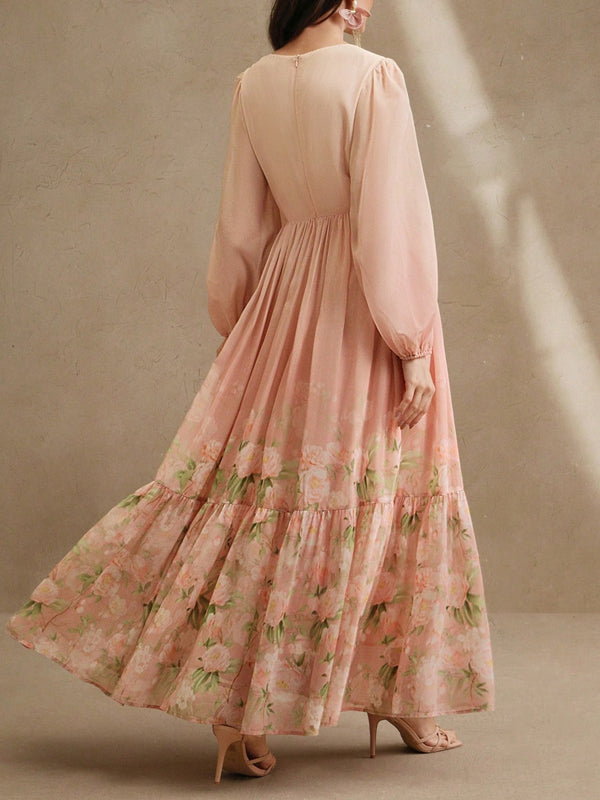 V Neck Chiffon Print Holiday Dress